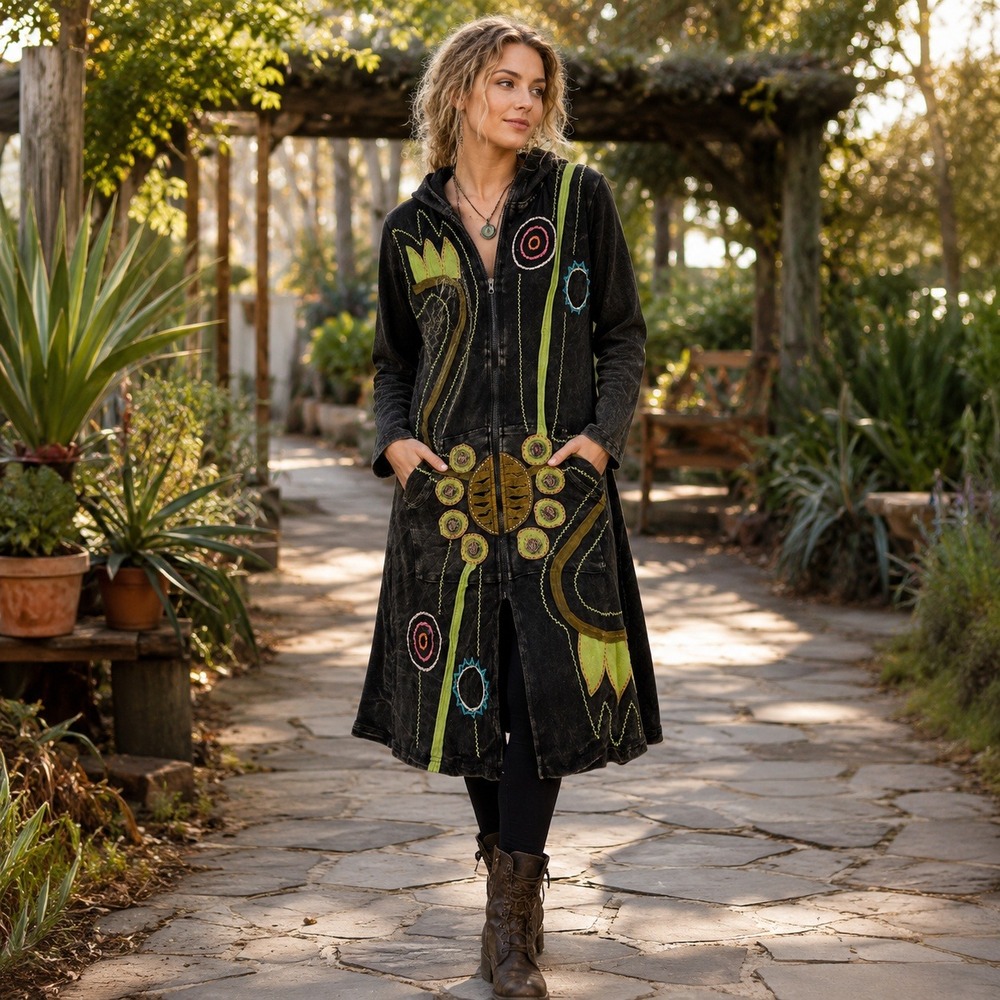 Rising International Boho Applique Hoodie Dress Coat Nepal Cotton Black Small